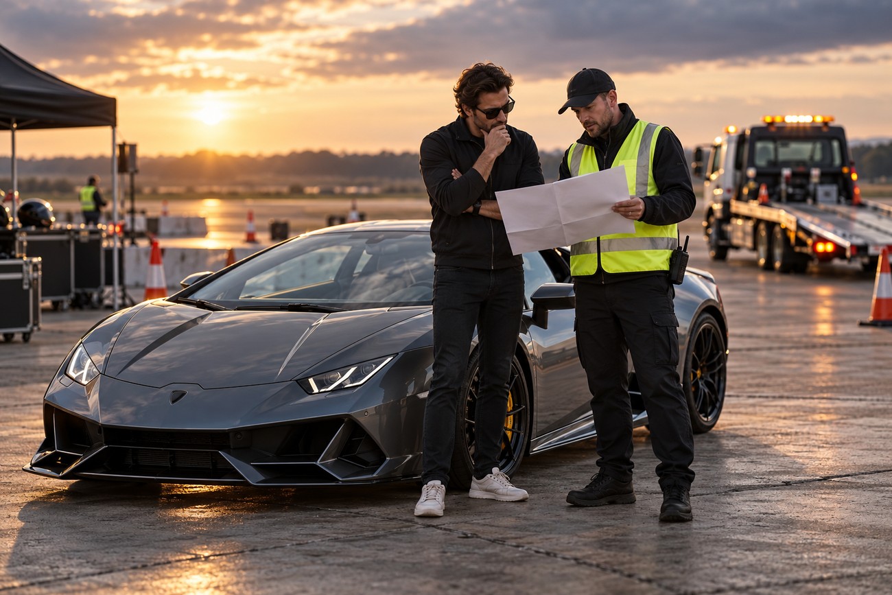 A driver in sunglasses and an airport official in a high-visibility vest examine a map next to a grey Lamborghini on a runway at sunset