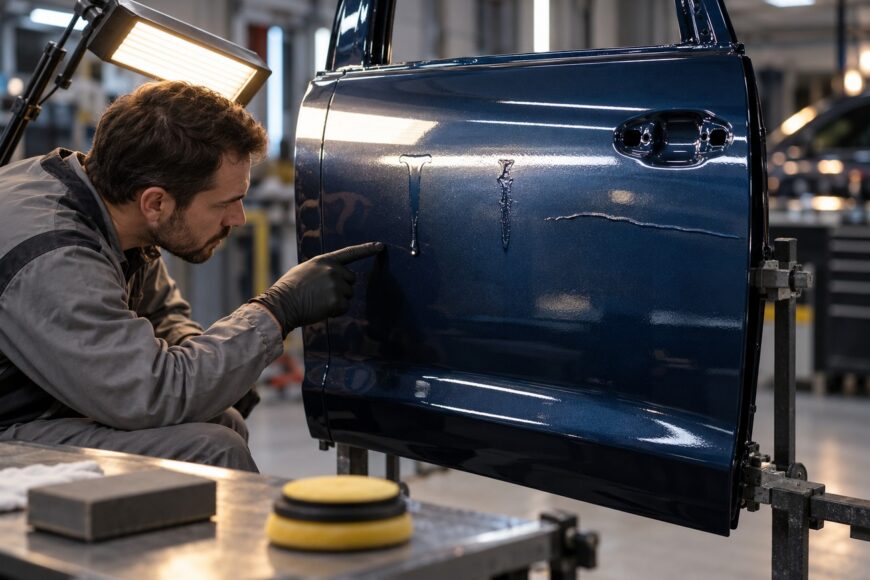 A technician wearing gloves points at paint runs and sags on a freshly painted dark blue car door in an auto body shop