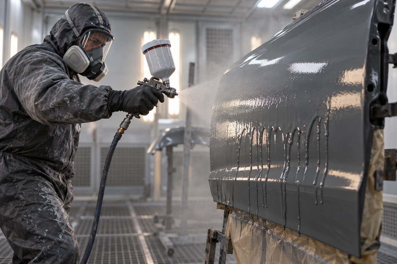 A technician in protective gear and respirator spraying grey paint onto a car door showing visible runs and sags