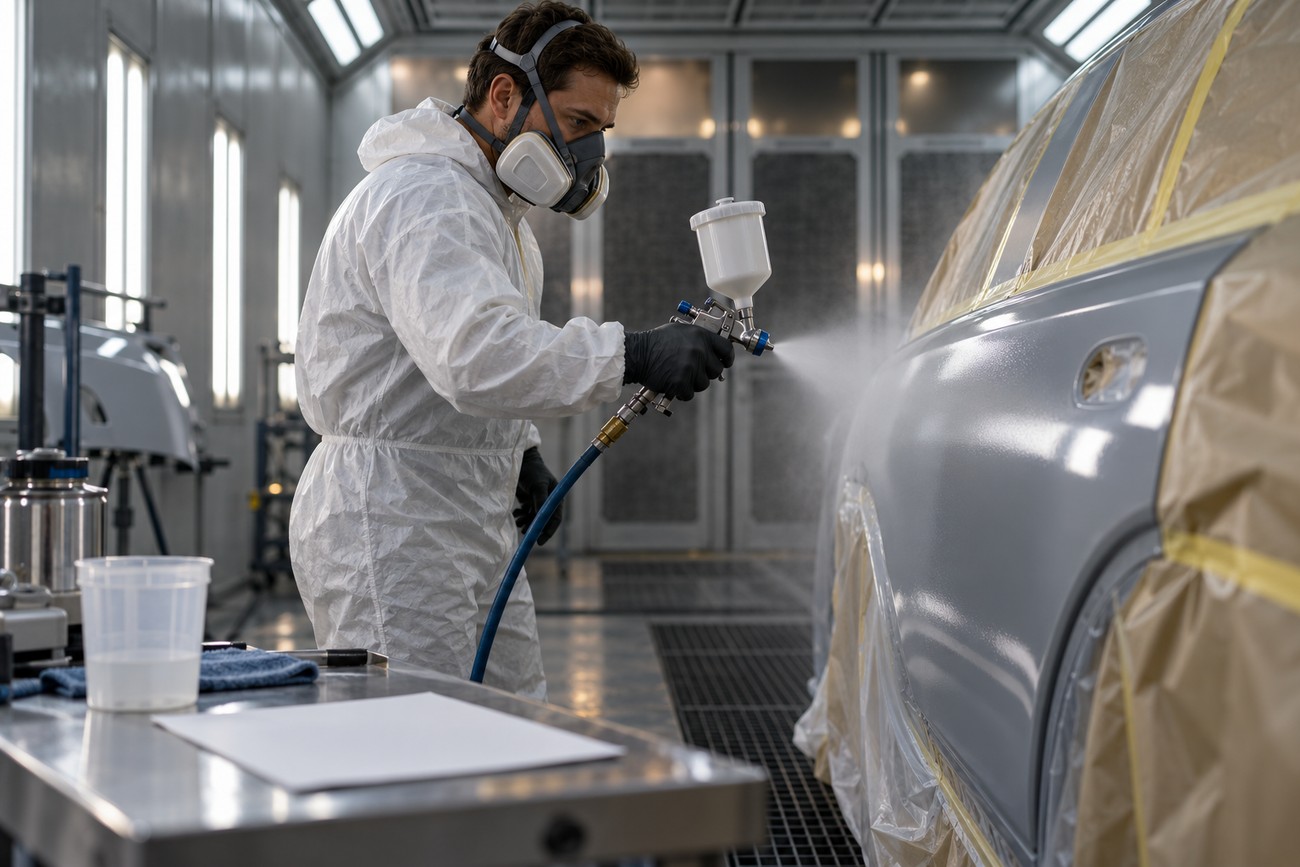 A professional car painter wearing a protective suit and respirator uses a spray gun to apply paint to a vehicle in a booth