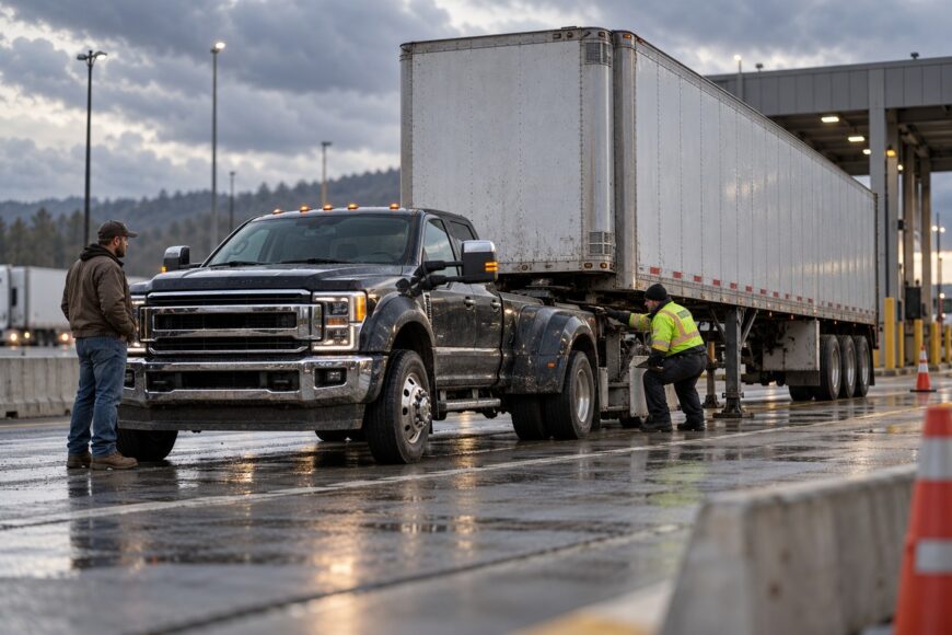 A black Ford F-450 pickup truck towing a large semi-trailer while parked at a commercial weigh station during an inspection