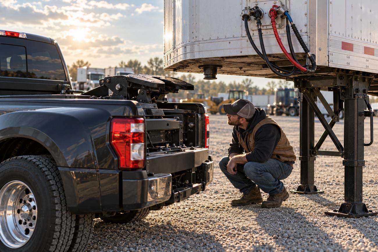 A man crouching between a dark Ford F-450 pickup truck and a semi trailer to inspect the hitch connection