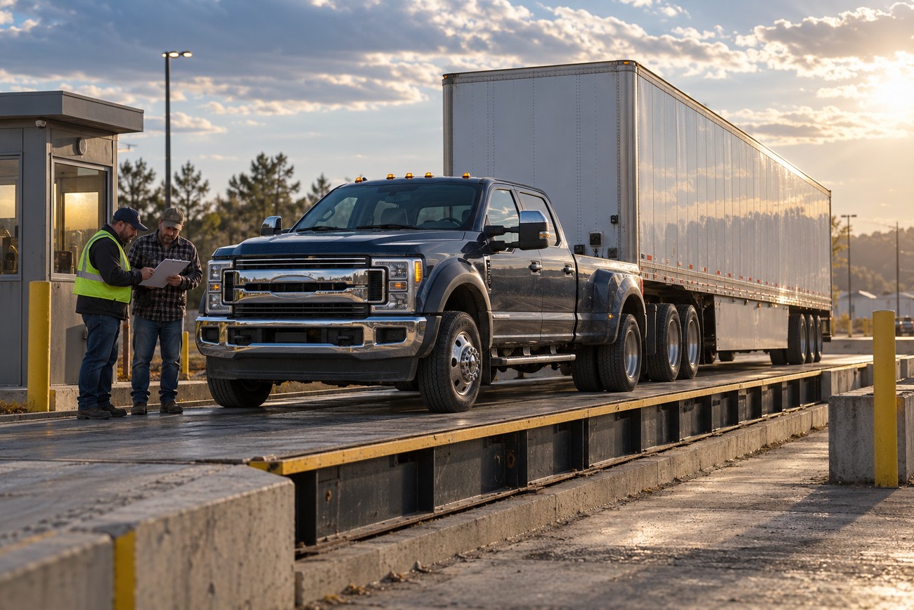 A dark Ford F-450 heavy-duty pickup truck towing a large white semi trailer parked on an industrial weigh station scale with two men reviewing paperwork near a small booth