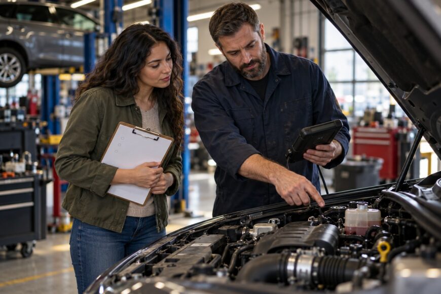 A professional mechanic pointing at a car engine while explaining repairs to a female customer holding a clipboard in an auto shop