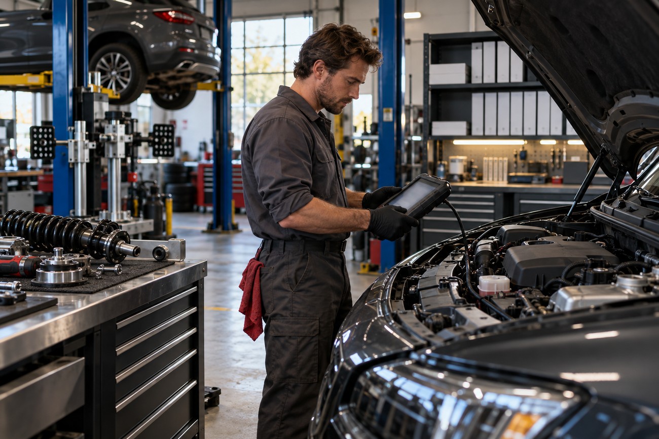 A professional mechanic in dark workwear using a diagnostic tool to inspect a car engine in a repair shop