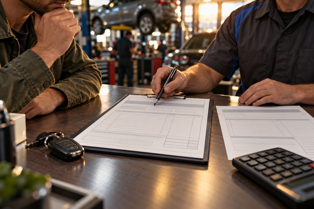 Professional mechanic pointing at a service estimate clipboard while consulting a customer in an auto repair shop