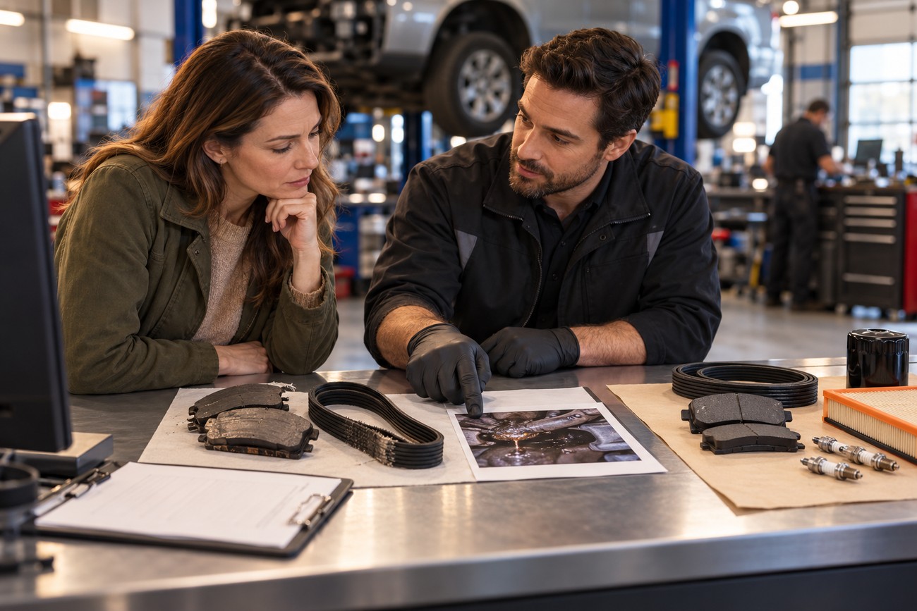 A professional mechanic wearing gloves points at a photograph on a workbench while explaining car repairs to a female customer in an auto shop