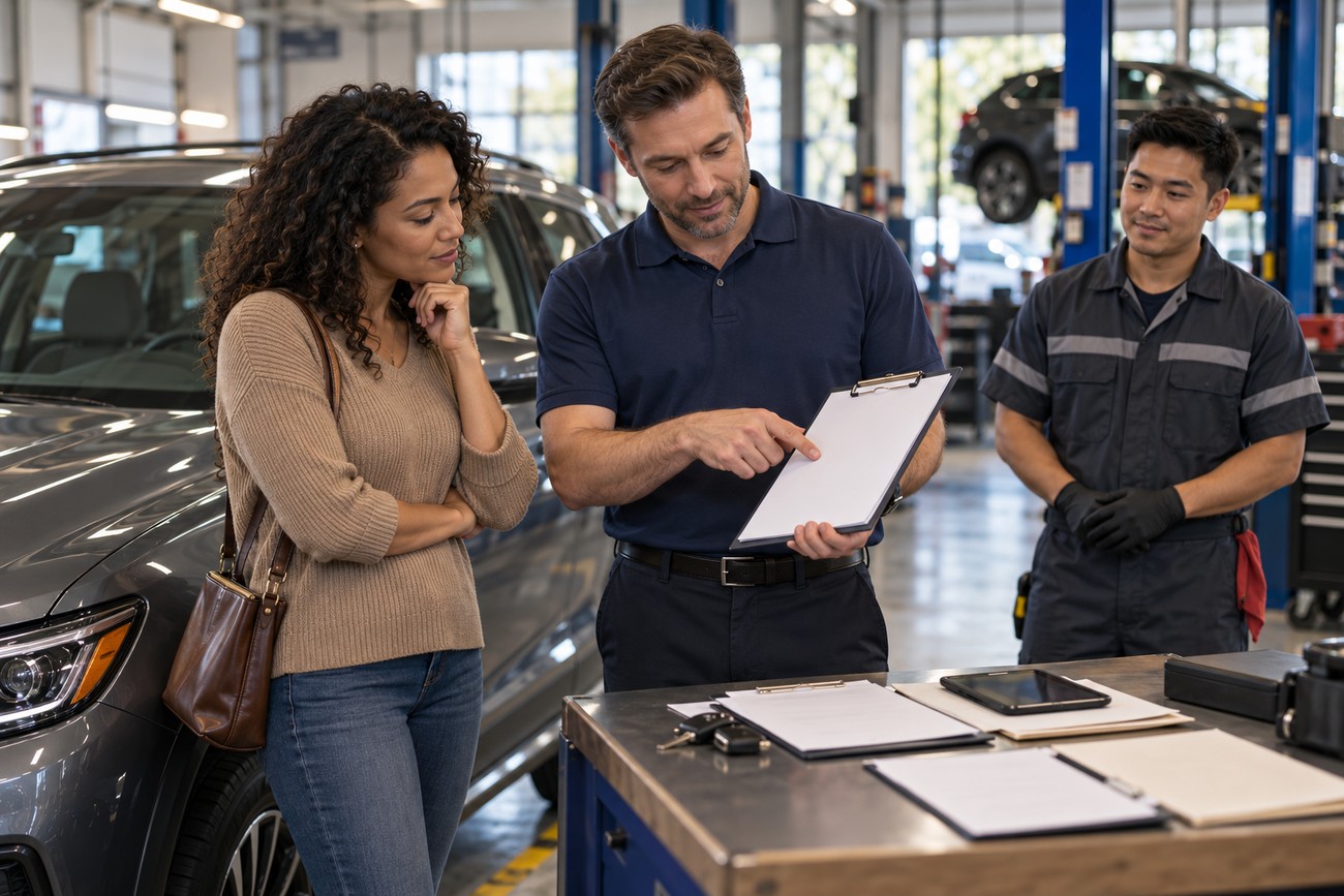 A friendly auto mechanic pointing at a clipboard to explain car repair costs to a female customer in a service center