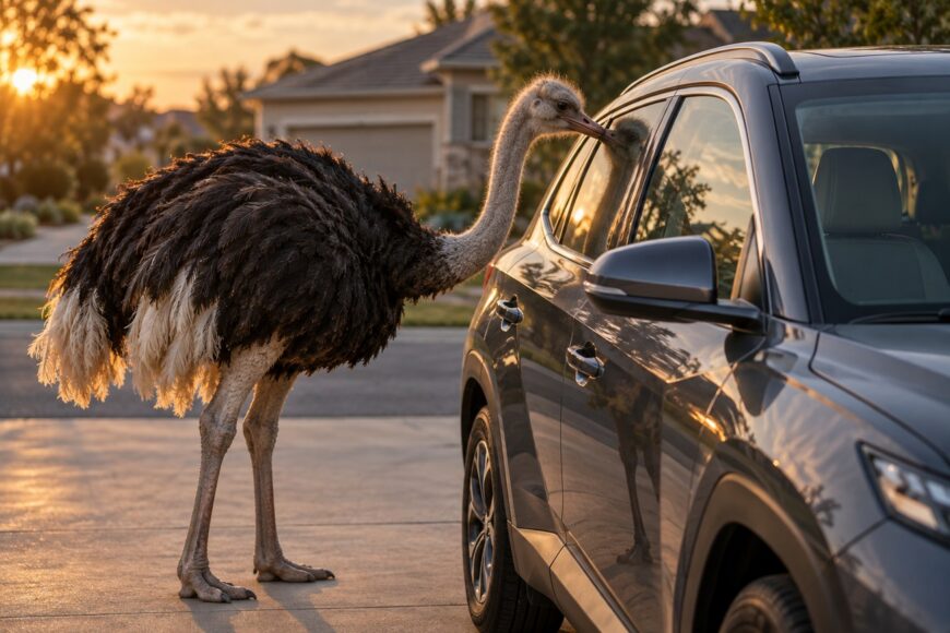An ostrich stands on a driveway and pecks the window of a parked dark gray Hyundai Tucson at sunset