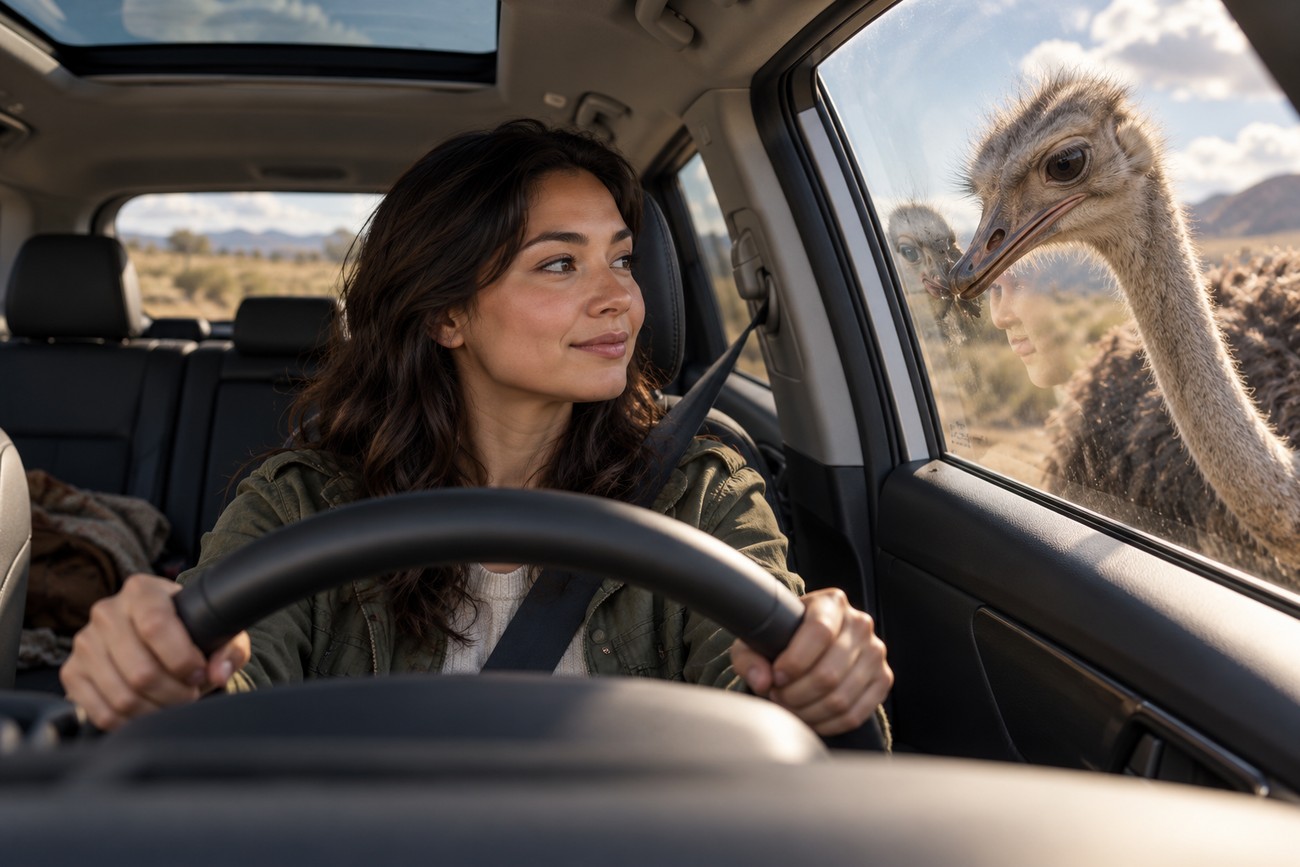 An ostrich pecking at the passenger side window of a Hyundai Tucson while a woman smiles in the driver seat