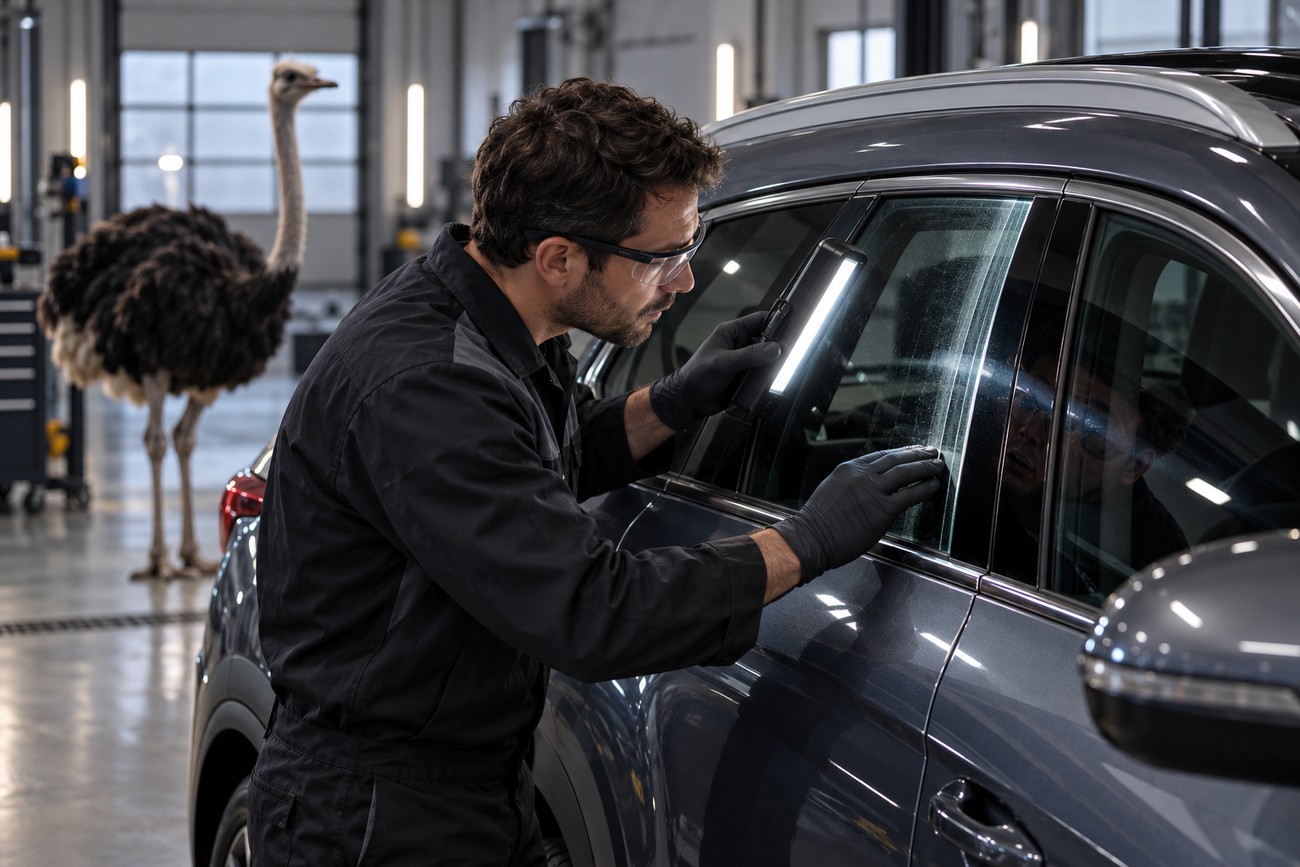 A mechanic in safety glasses inspects the side windows of a gray Hyundai Tucson with a flashlight while an ostrich stands in the background inside a repair shop