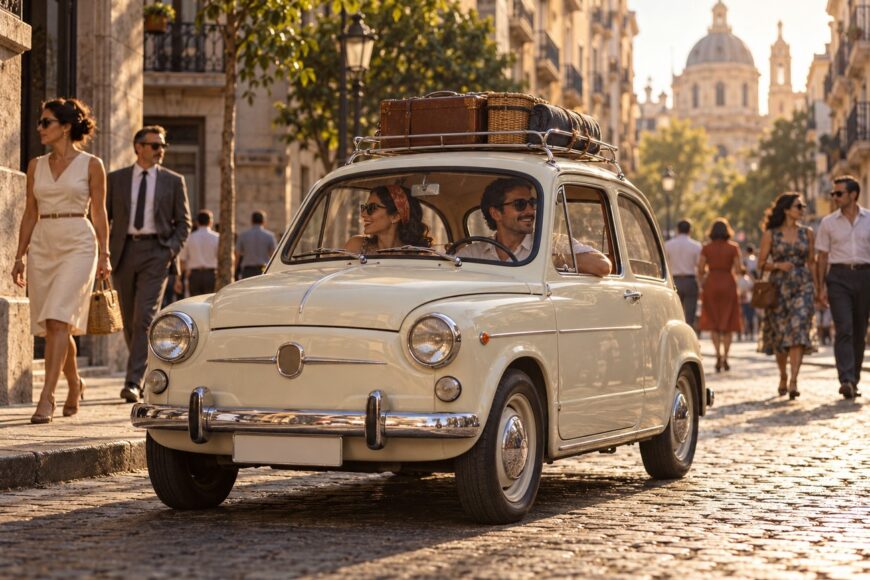 Vintage cream-colored Seat 600 with luggage on the roof driving down a sunny cobblestone street in Spain