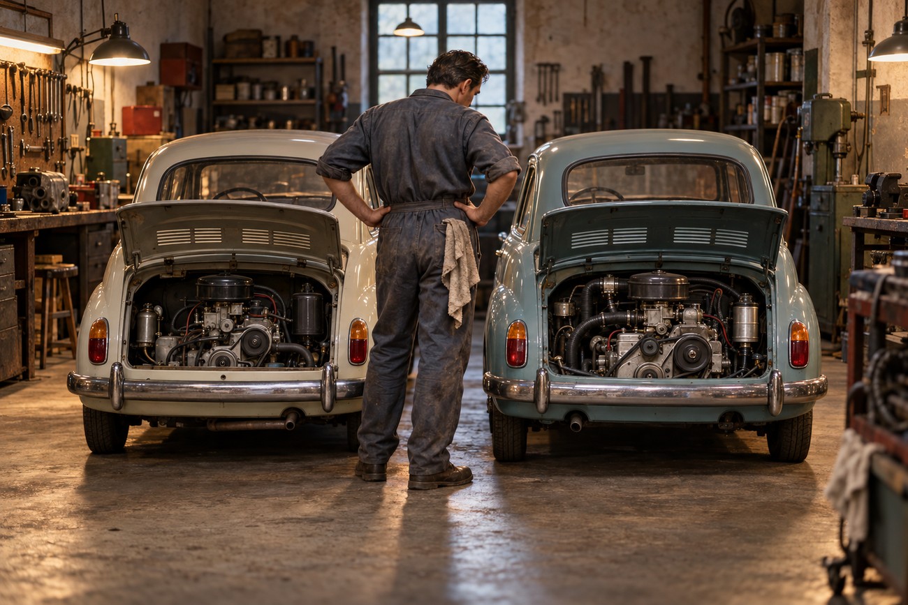 A mechanic in overalls stands between two classic Seat 600 cars with open rear engine bays inside a vintage workshop