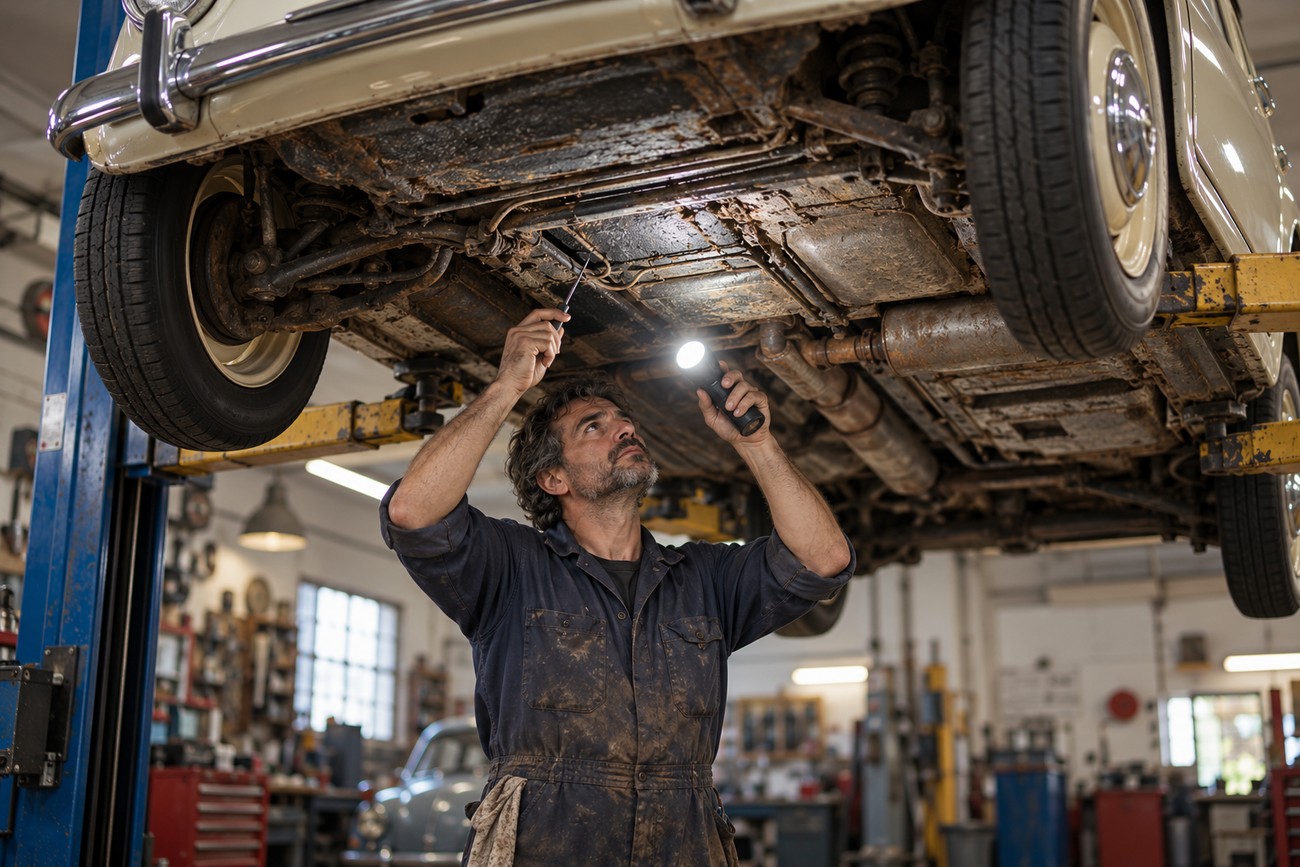 A mechanic in overalls inspecting the rusted undercarriage of a lifted classic Seat 600 with a flashlight in a workshop