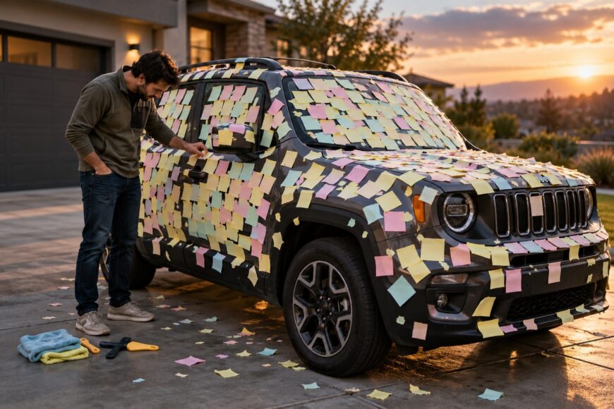 Man standing next to a dark Jeep Renegade completely covered in colorful sticky notes in a driveway at sunset