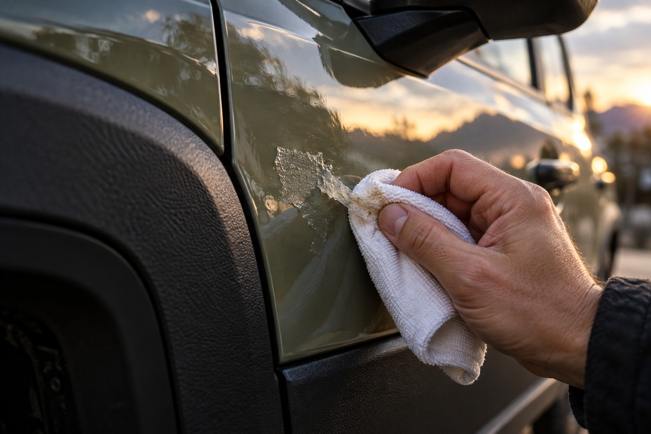 A person using a white microfiber cloth to wipe sticky note adhesive residue off the side of a Jeep Renegade