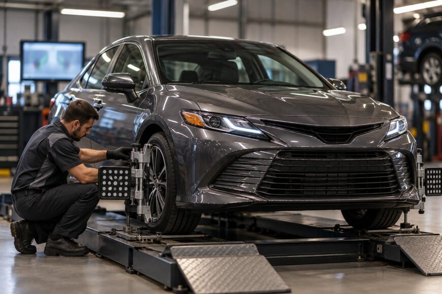Mechanic in uniform attaching alignment sensors to the front wheel of a gray sedan in a workshop