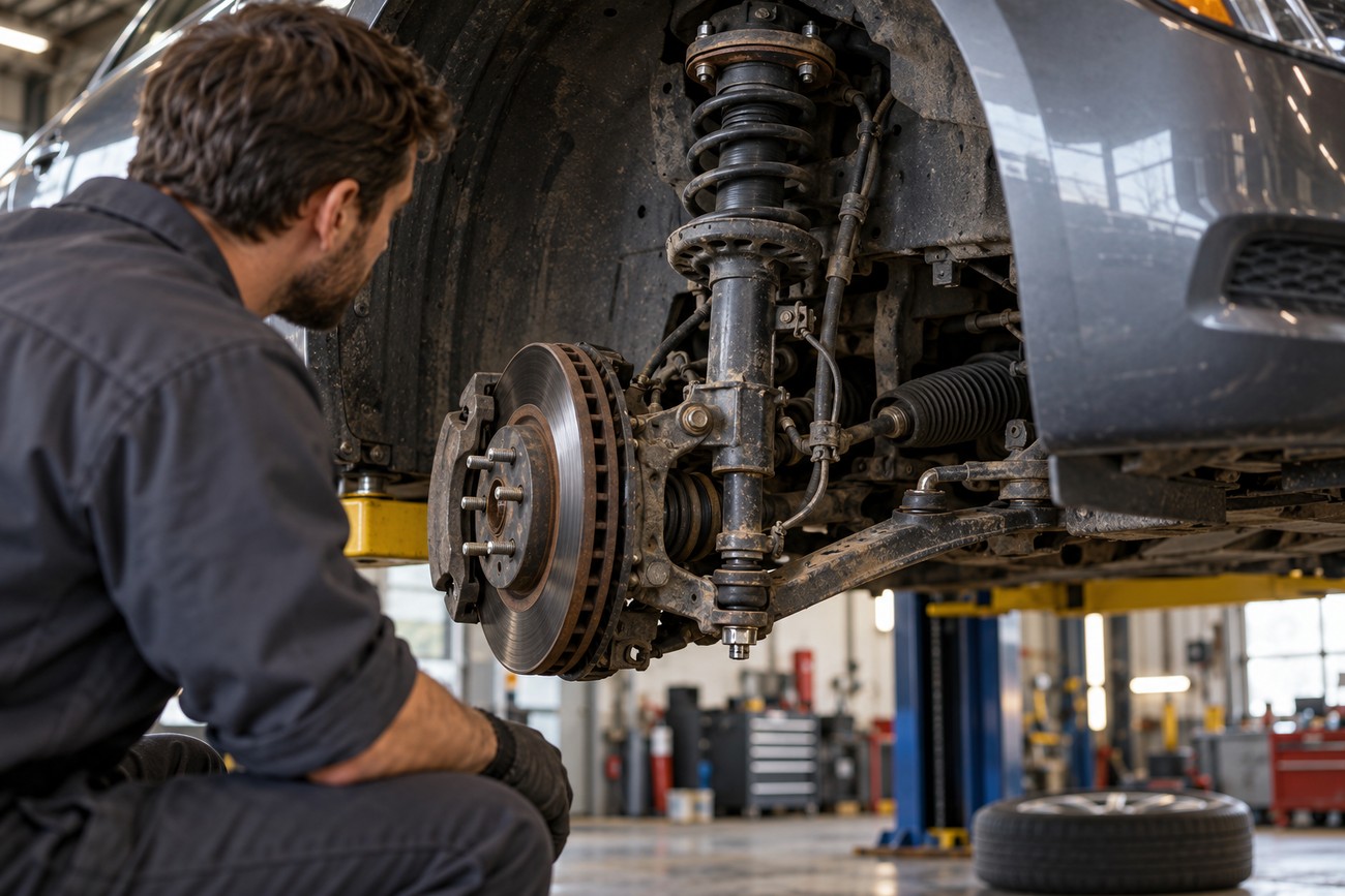 A mechanic in uniform crouches to inspect the suspension system and brake assembly of a car on a hydraulic lift in a repair shop