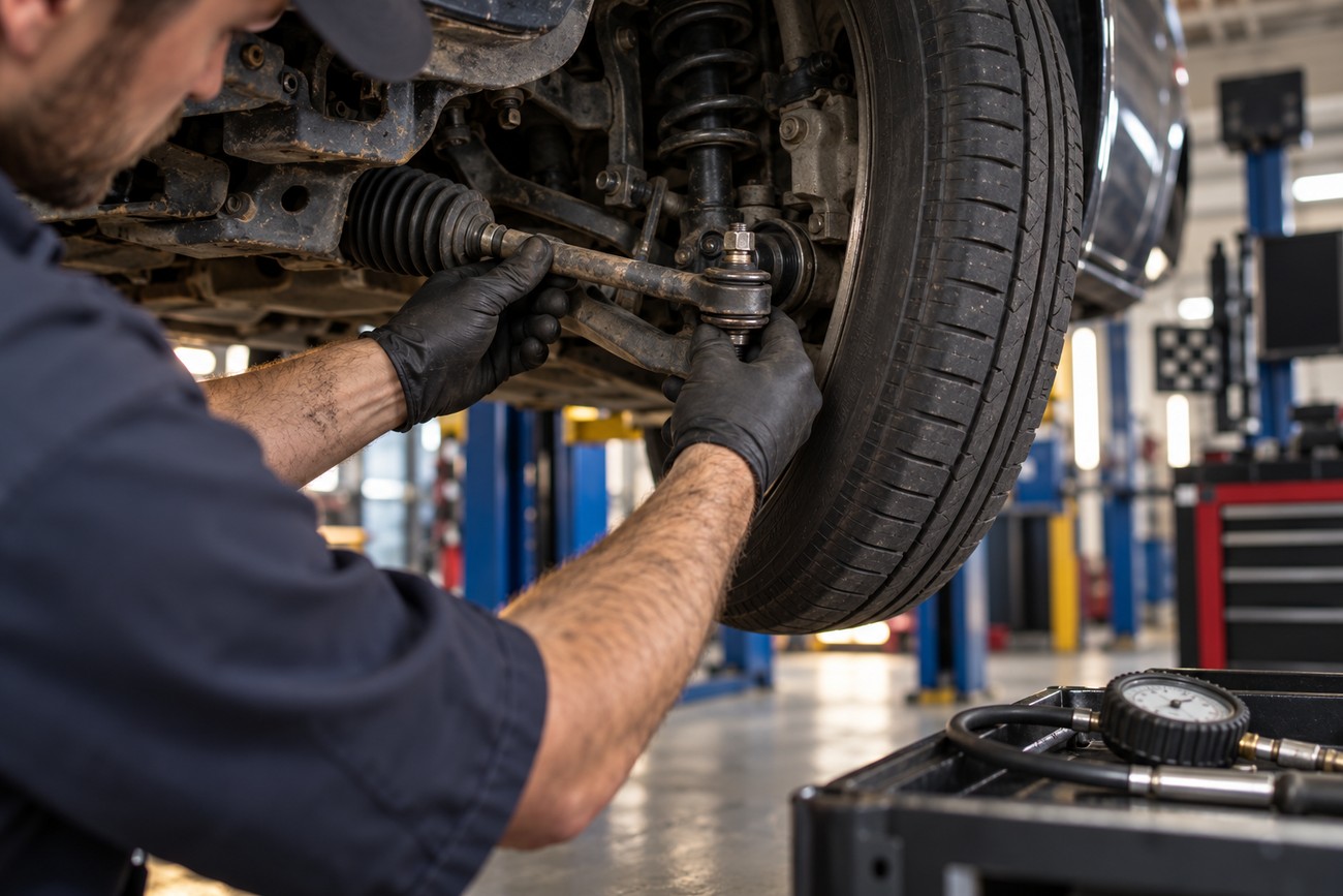Mechanic in black gloves adjusting steering and suspension components on a car wheel assembly in an auto repair shop