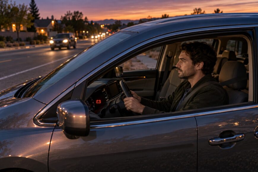 A concerned driver looking ahead while gripping the steering wheel of a Honda Odyssey at dusk with a visible battery warning light on the dashboard