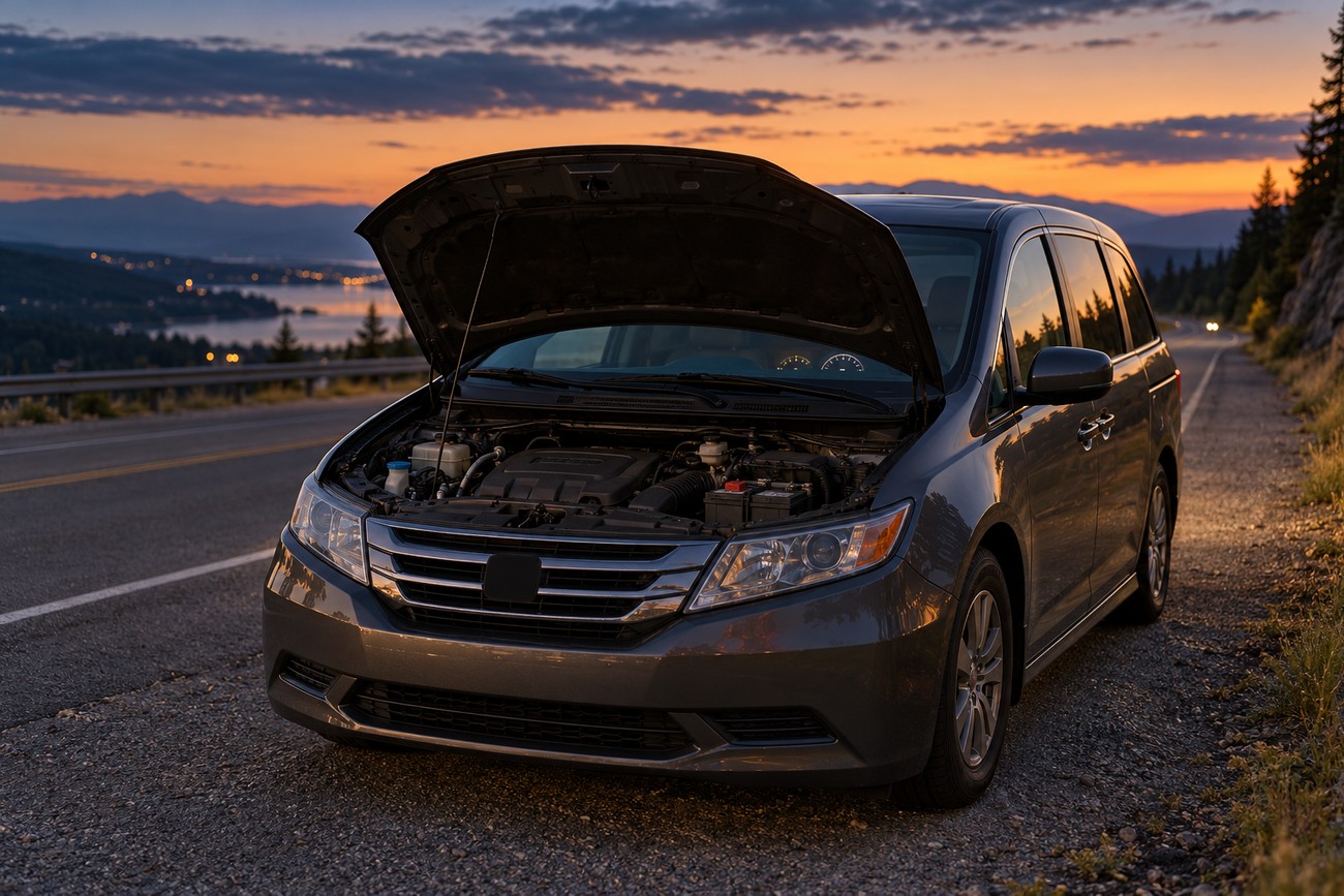 A dark gray Honda Odyssey minivan parked on the side of a mountain road at sunset with the hood open showing the engine compartment