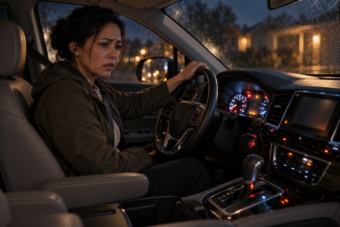 A concerned woman sitting in the driver seat of a Honda Odyssey at night while dashboard warning lights glow during an alternator failure