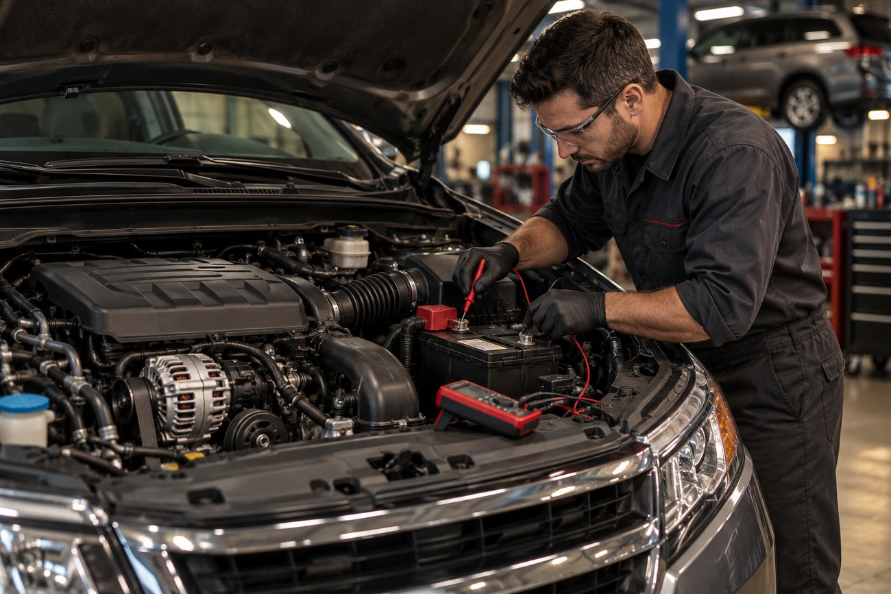 Mechanic wearing safety glasses and gloves uses a multimeter to test the battery and alternator in a Honda Odyssey engine bay