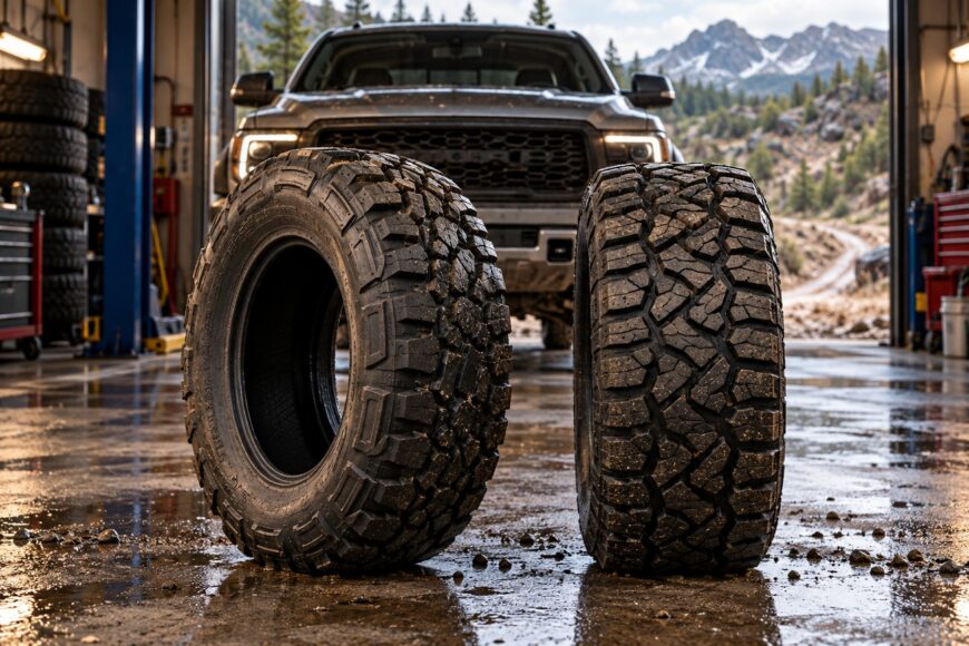 Two all-terrain tires stand upright on a wet garage floor with a pickup truck parked outside in the mountains