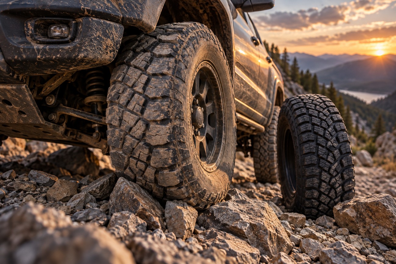 An off-road truck with aggressive all-terrain tires driving over rough rocks during a sunset in the mountains