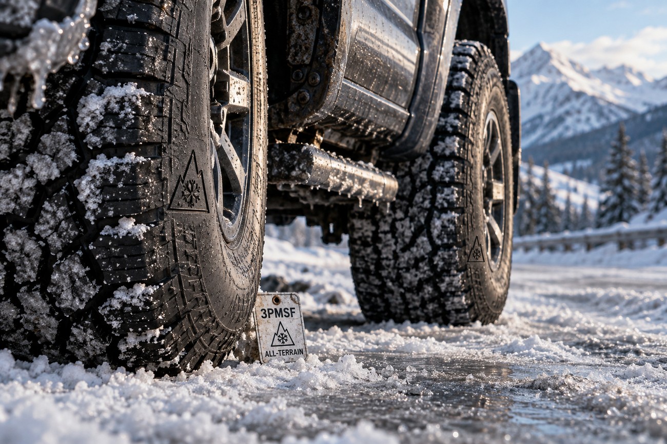 A close-up view of all-terrain truck tires covered in snow with a 3PMSF symbol on a snowy mountain road