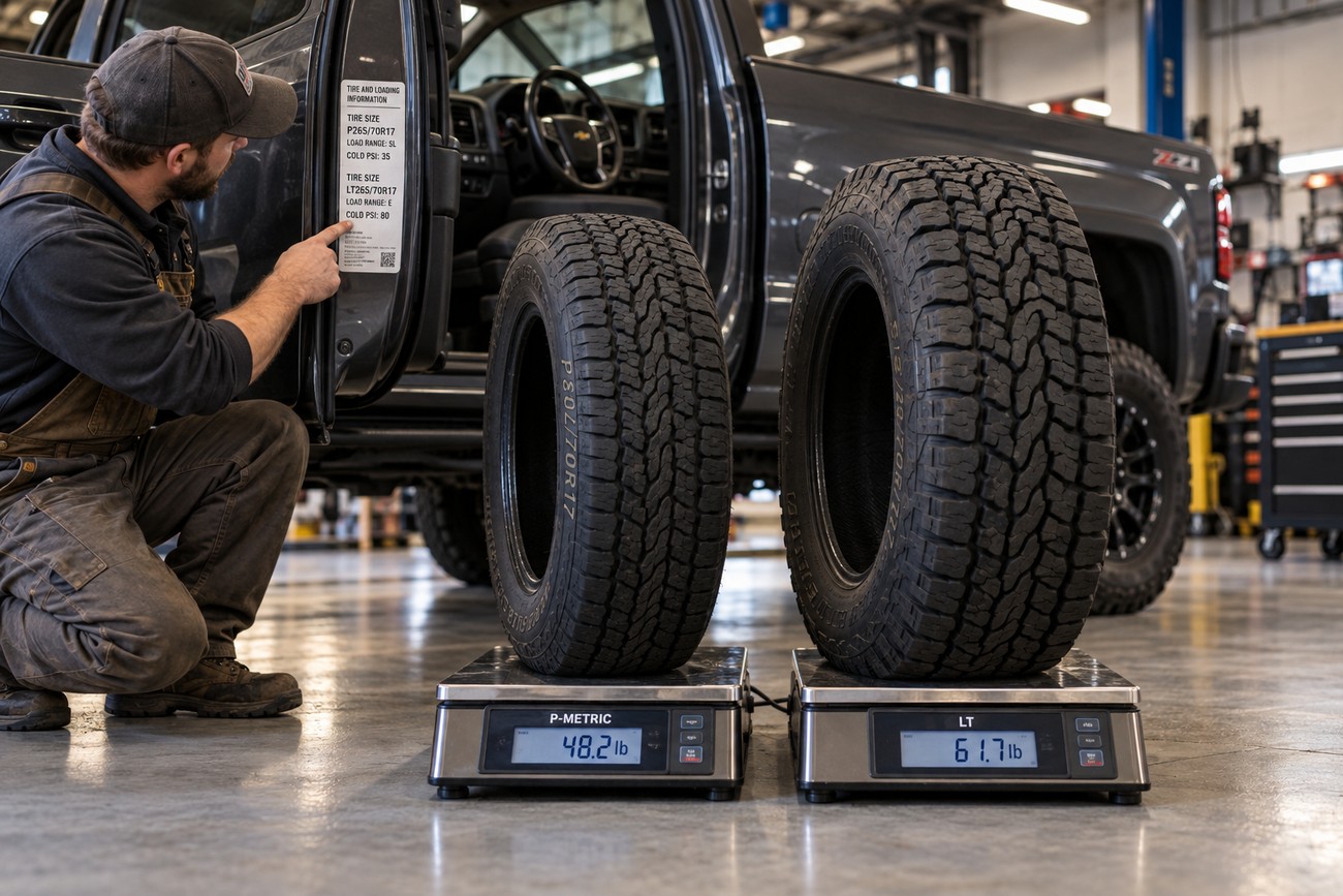 A mechanic pointing at a truck tire placard while two all-terrain tires stand on digital scales showing different weights in a workshop