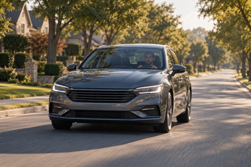 A man driving a dark gray sedan on a sunny suburban street while checking for steering alignment issues