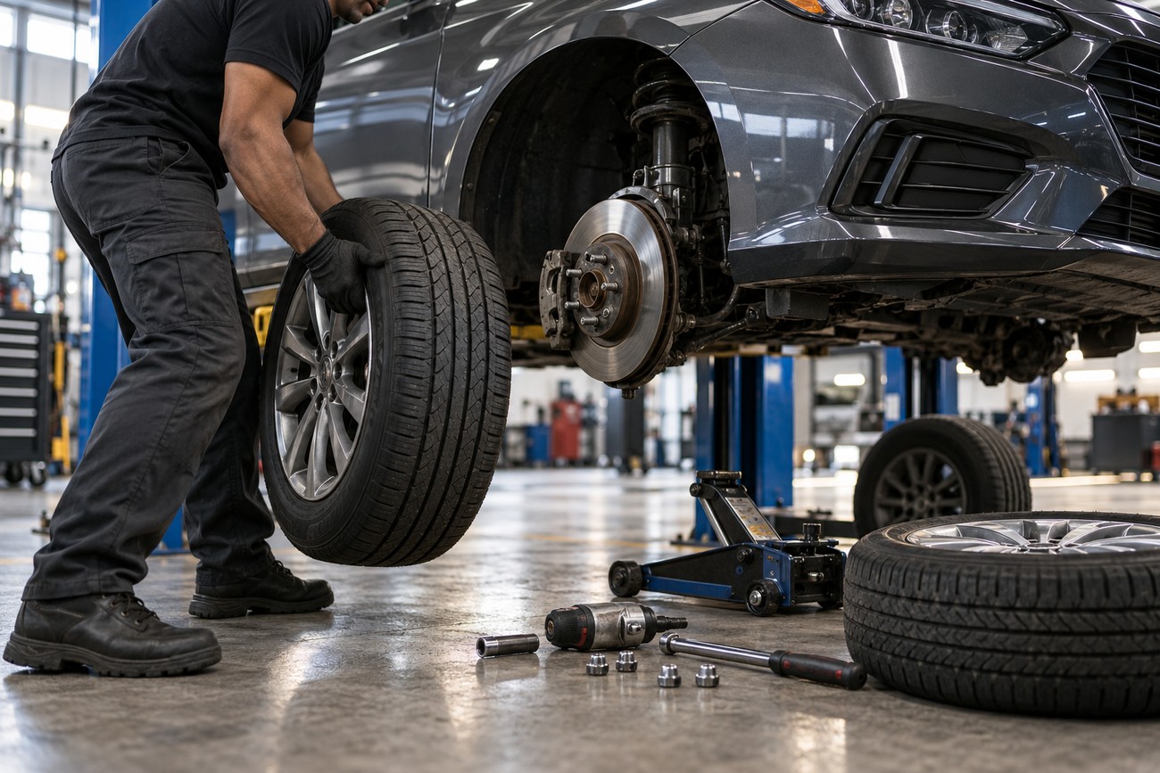 Mechanic in a workshop lifting a car wheel to diagnose steering and suspension issues