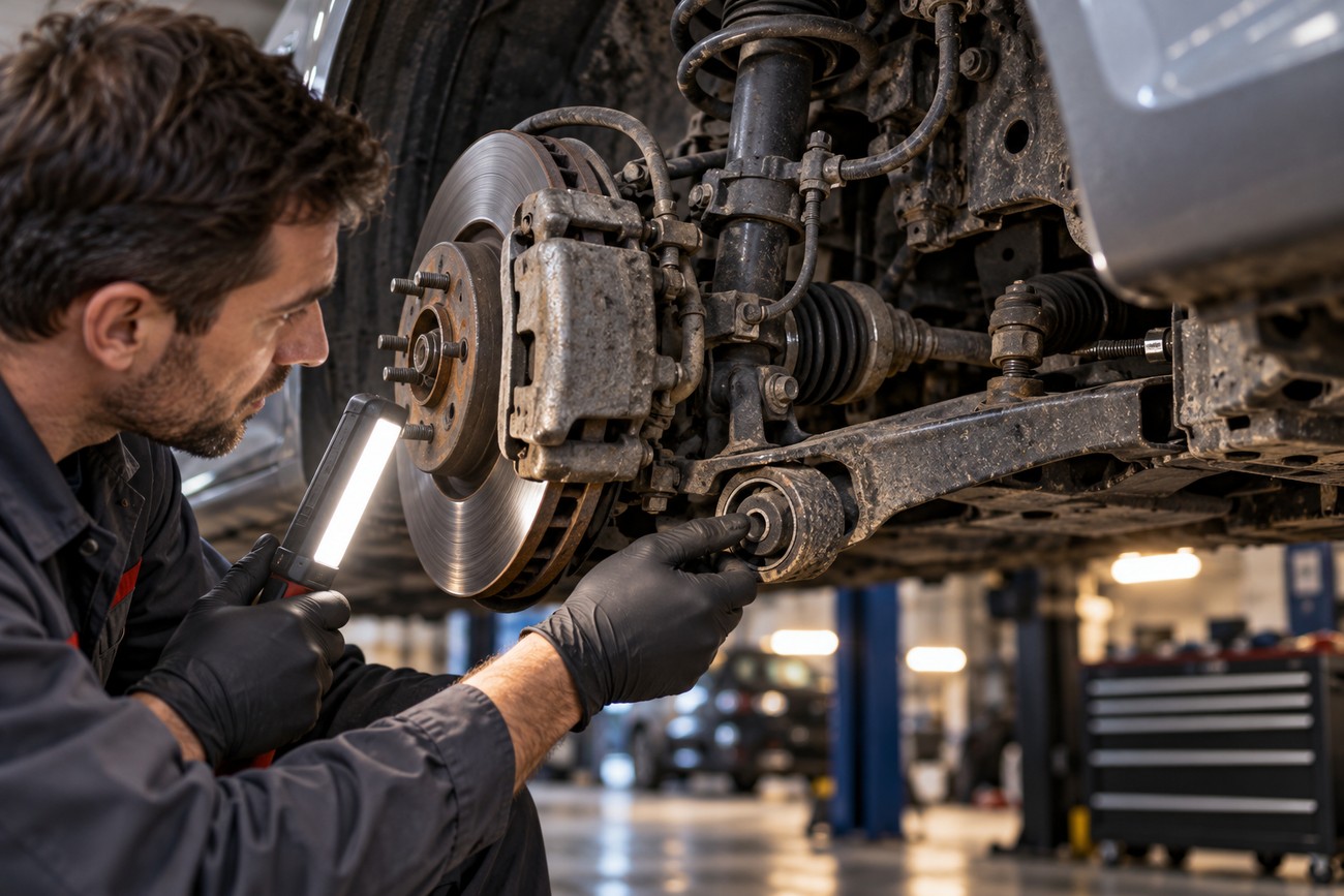 A mechanic wearing gloves inspects a car suspension system with a work light in an auto repair shop