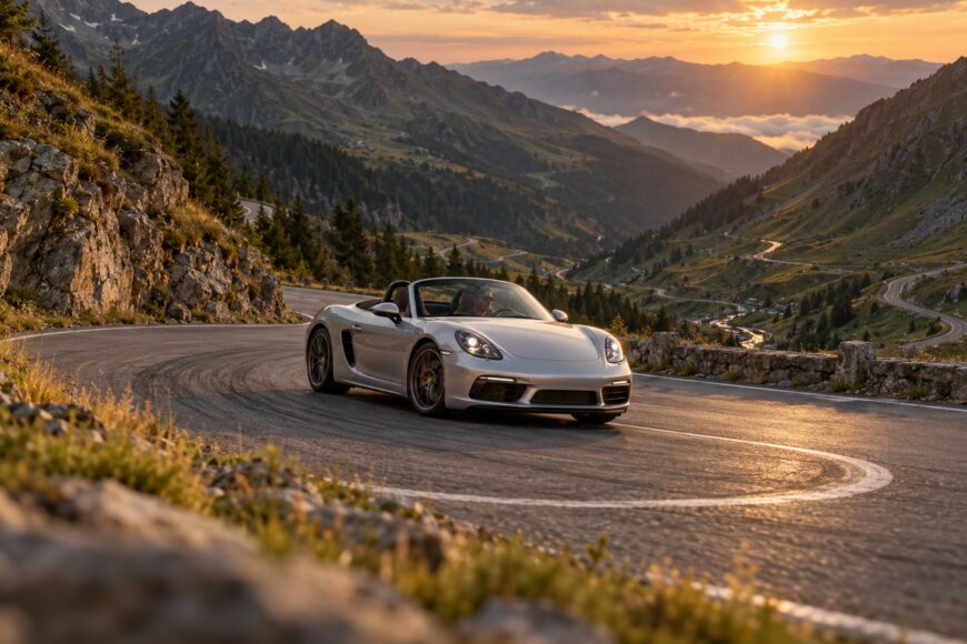 Silver Porsche Boxster convertible navigating a hairpin turn on the winding Transfagarasan mountain road at sunset