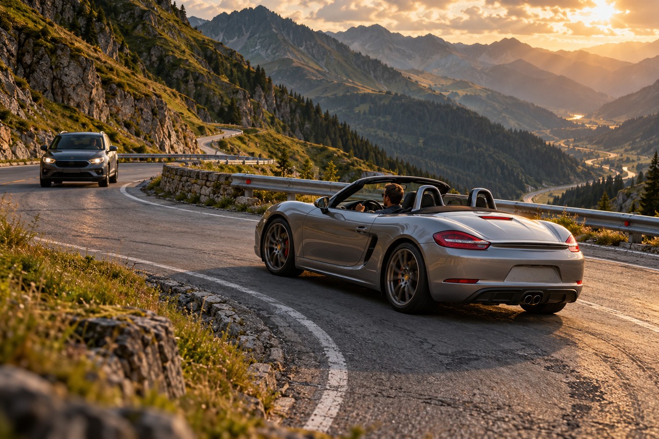 Silver Porsche Boxster convertible driving along a winding mountain road during golden hour sunset