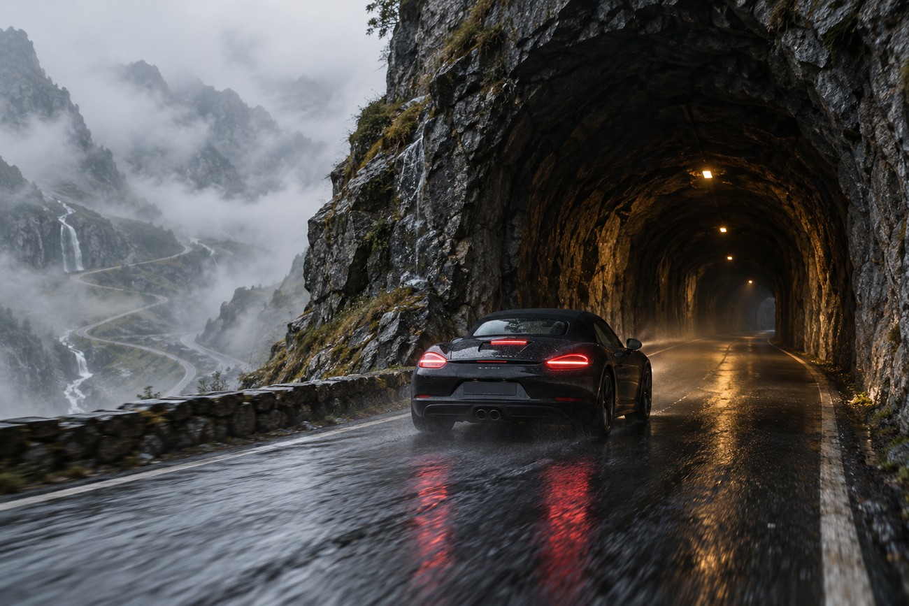 A black Porsche Boxster driving on a wet road exiting a rocky mountain tunnel on the Transfagarasan highway