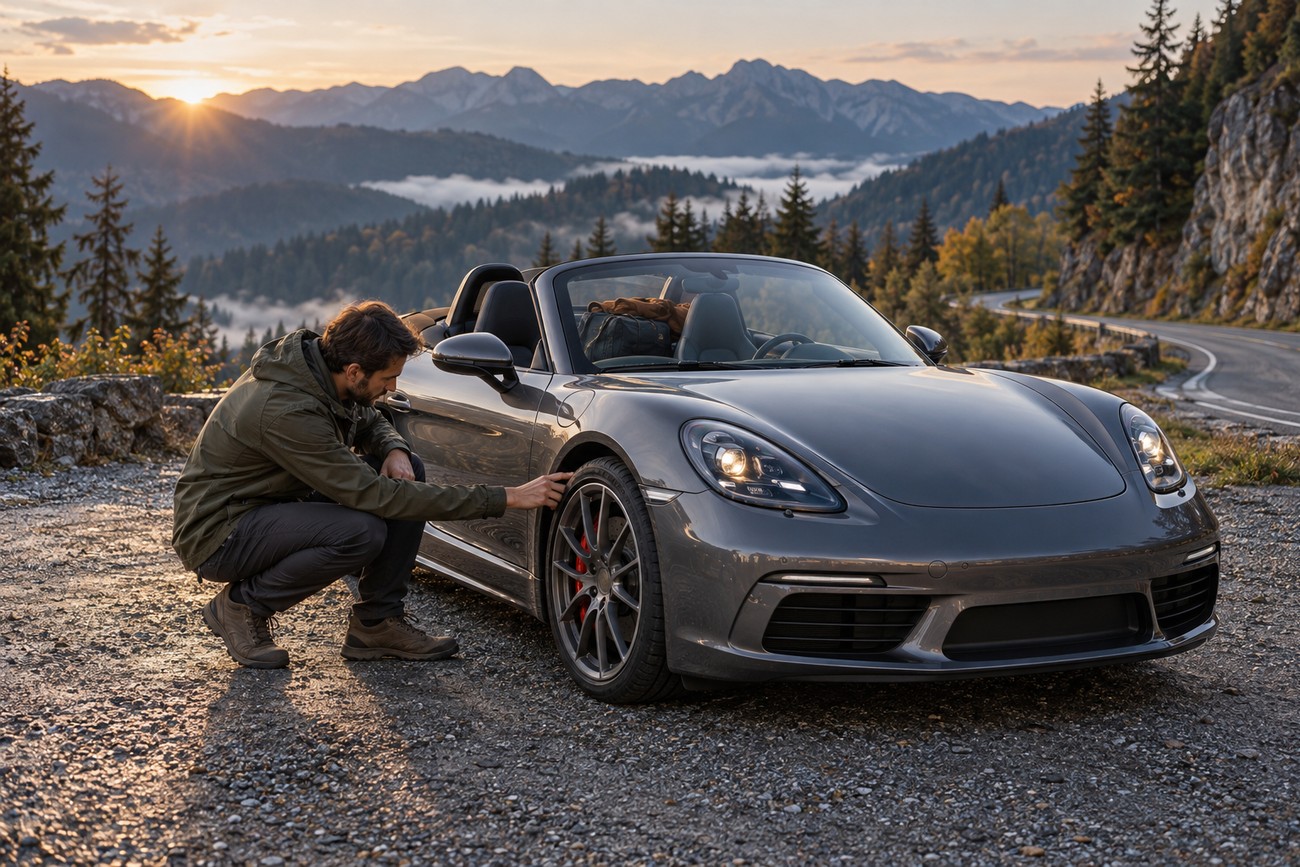A man crouching and checking the tire of a grey Porsche Boxster parked on a mountain overlook during sunset