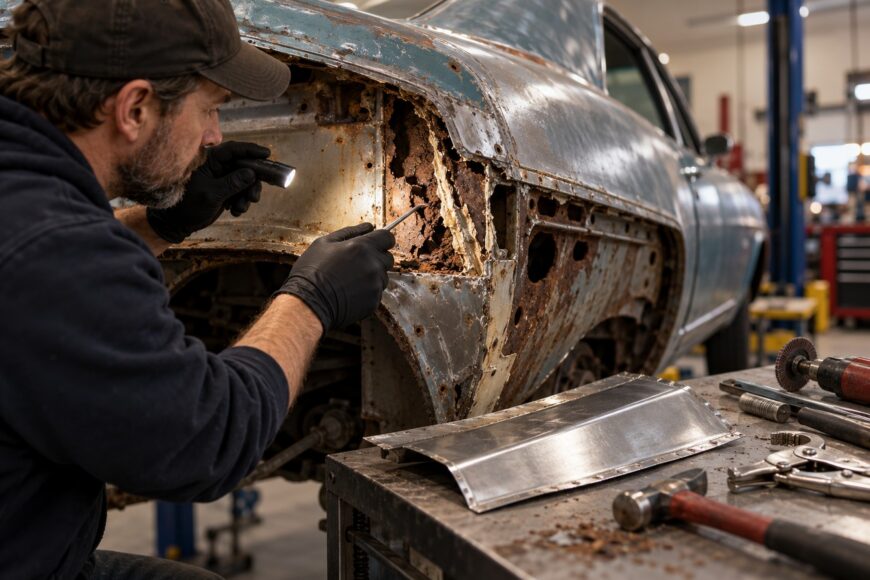 Mechanic wearing black gloves inspects severe rust damage on a car body with a flashlight next to a custom metal patch panel on a workbench