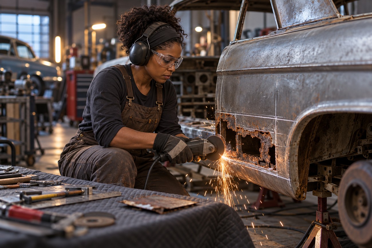 A female mechanic wearing safety glasses and earmuffs cuts rusted metal on a classic car body panel with an angle grinder