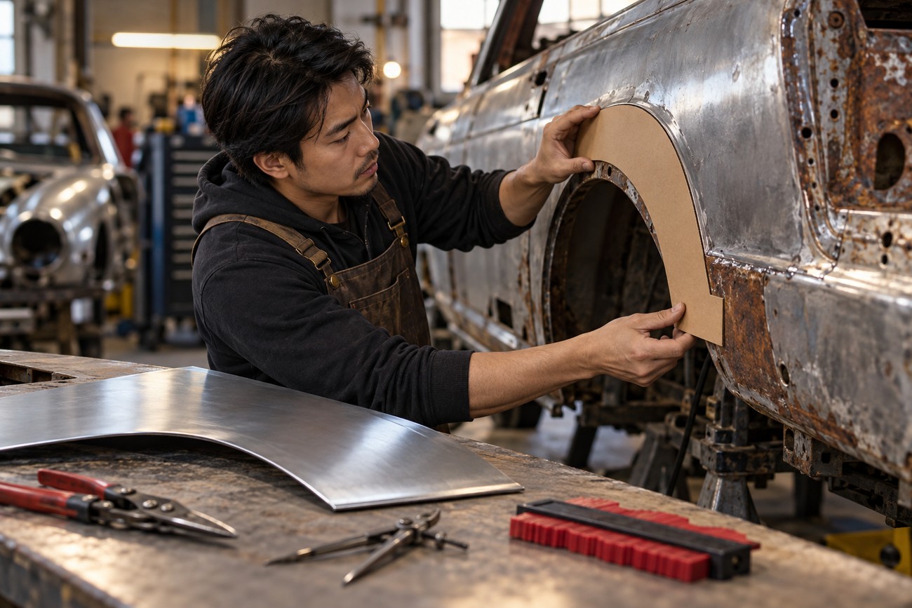 A mechanic holding a cardboard template against a rusted car wheel arch in a workshop