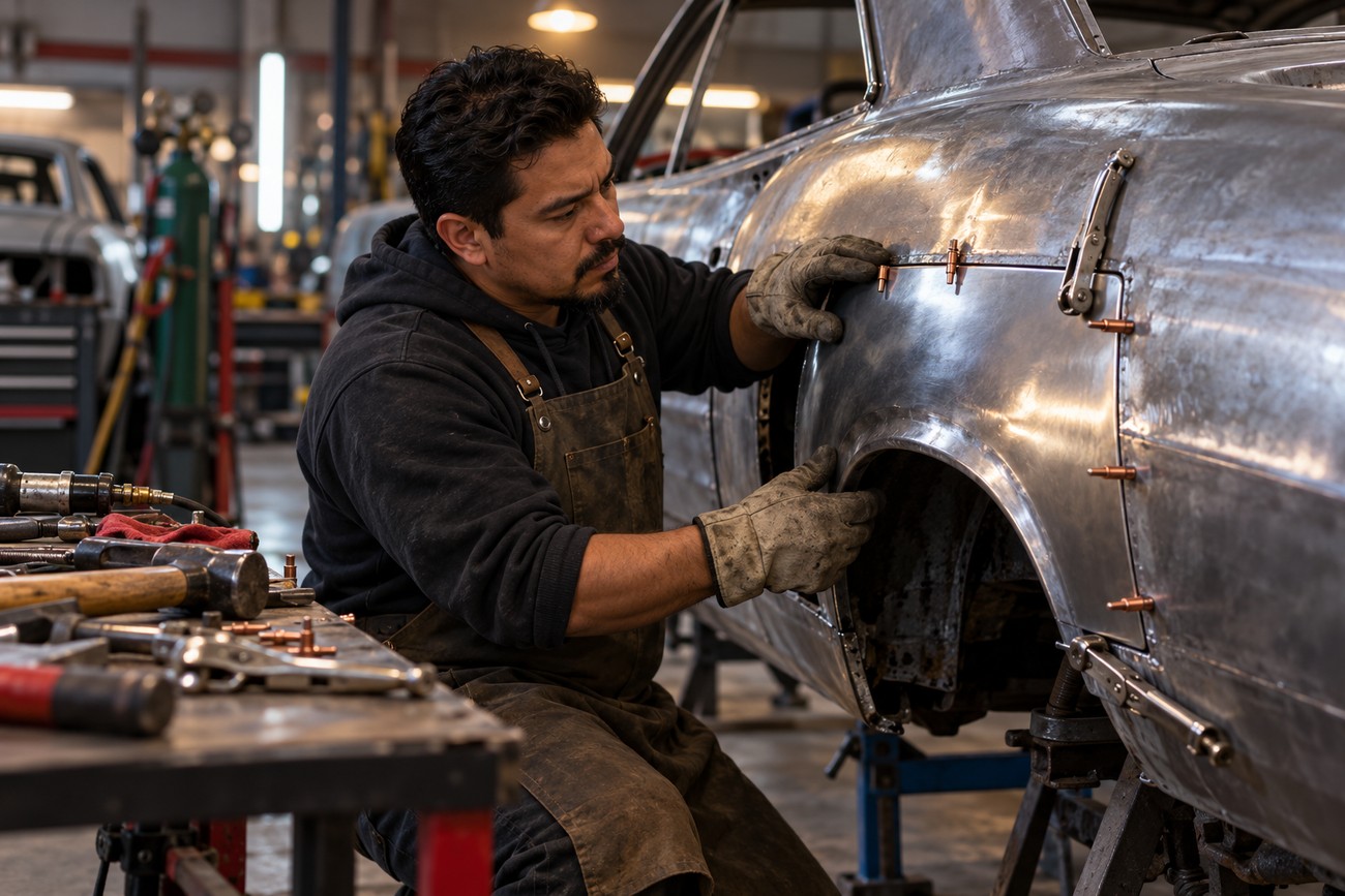 A mechanic wearing gloves and an apron fitting a custom steel patch panel onto a classic car body using clamps in a workshop