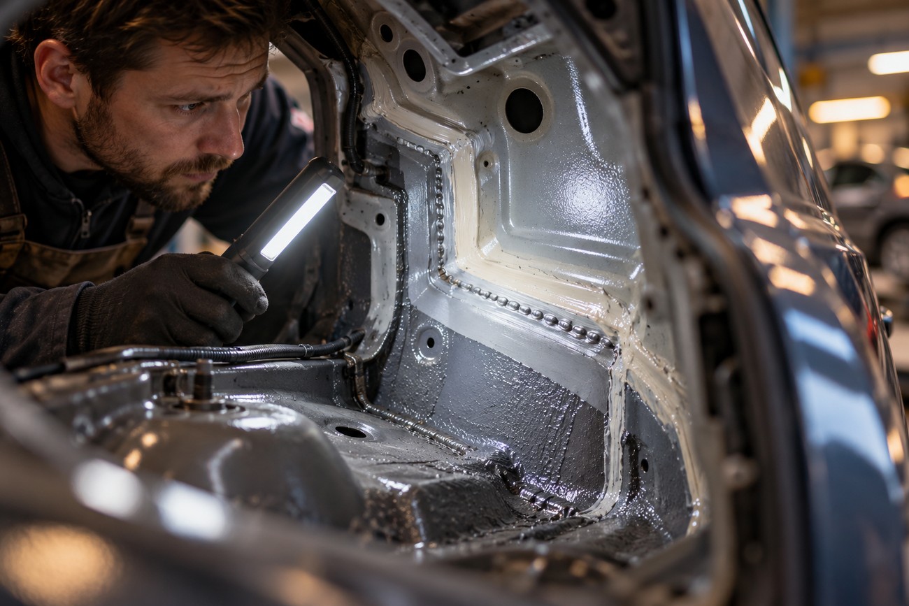 A mechanic holding an LED work light to inspect a welded car body rust repair patch panel