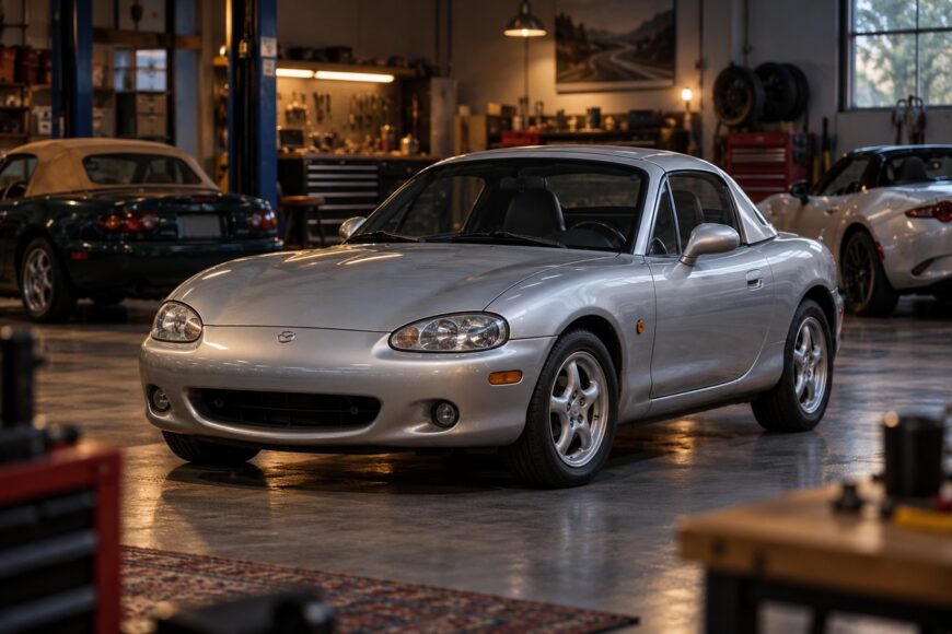 Silver Mazda Roadster Coupe with a fixed hardtop parked inside a garage with other cars