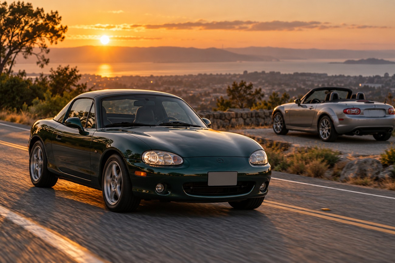 A dark green Mazda Roadster Coupe driving on a winding coastal road during a scenic sunset with another car parked in the background