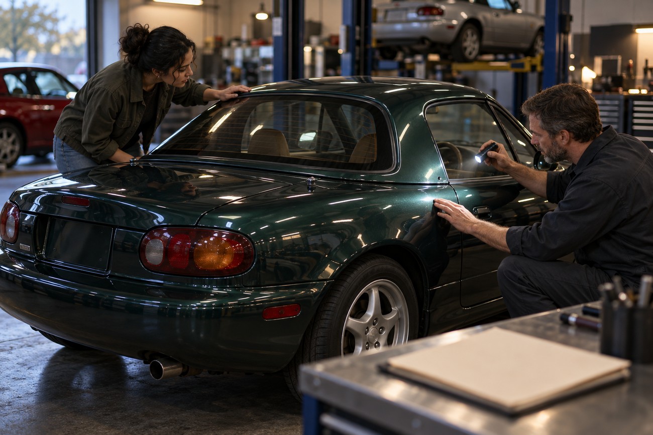 Mechanics examining the exterior and hardtop roof of a dark green Mazda Roadster Coupe in a repair shop