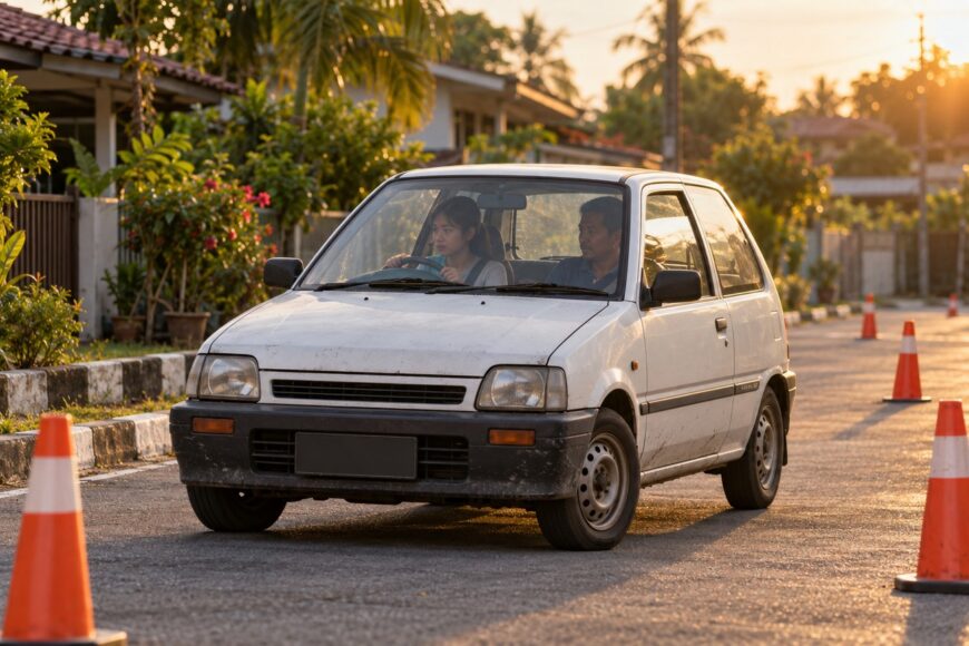 A white Perodua Kancil microcar driving on a suburban street surrounded by traffic cones during golden hour