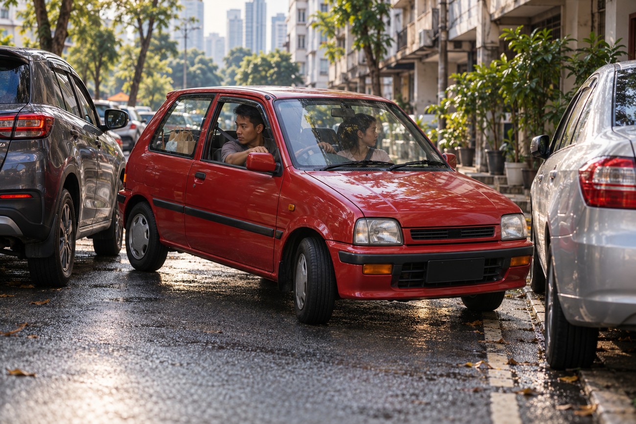 A red Perodua Kancil microcar parked between other cars on a wet city street with a man and woman sitting inside