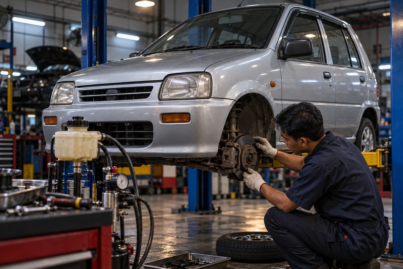A mechanic in a workshop repairs the front wheel brake of a silver Perodua Kancil microcar lifted on a hydraulic hoist