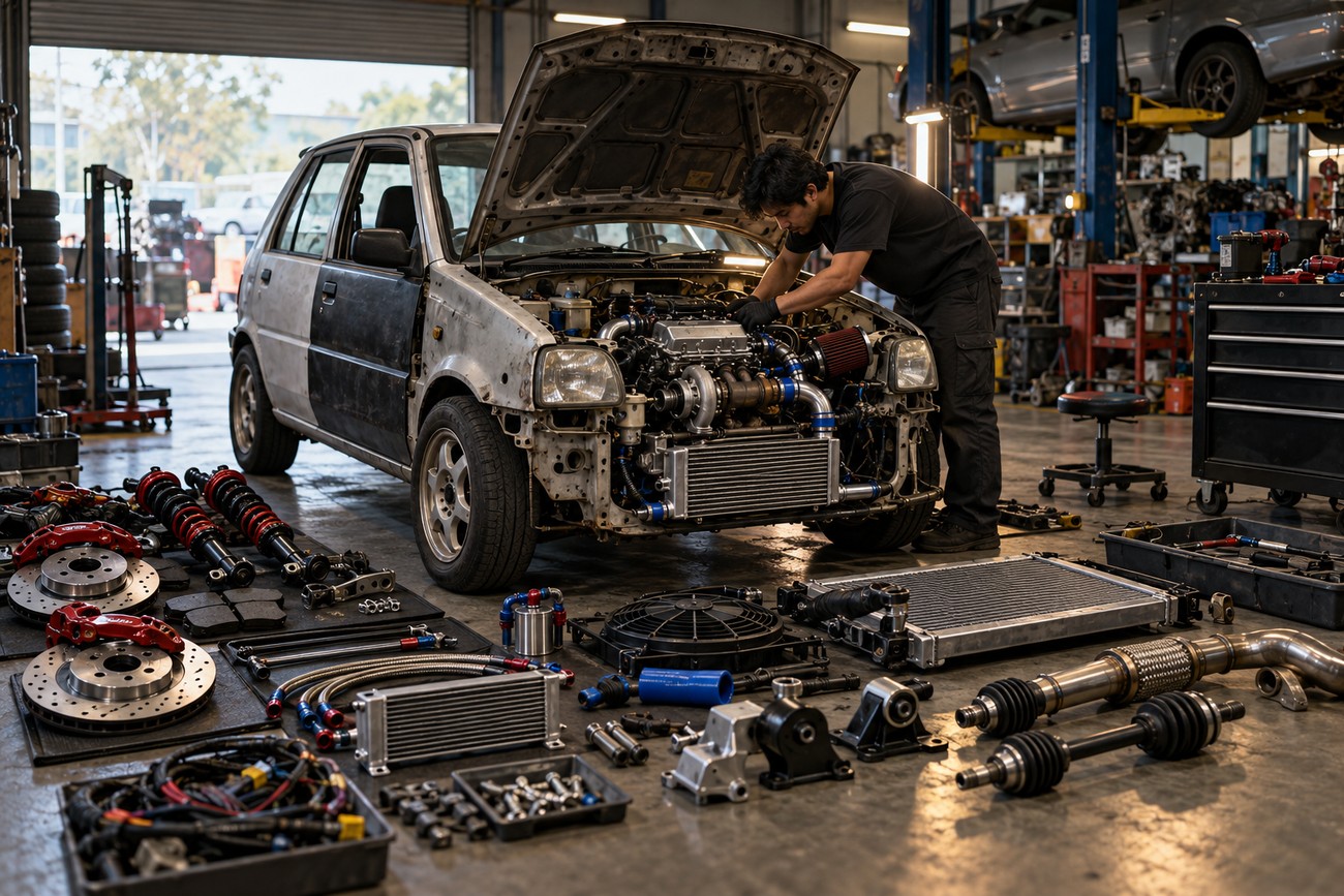 A mechanic working on the engine bay of a Perodua Kancil microcar in a busy repair shop with performance parts laid out on the floor